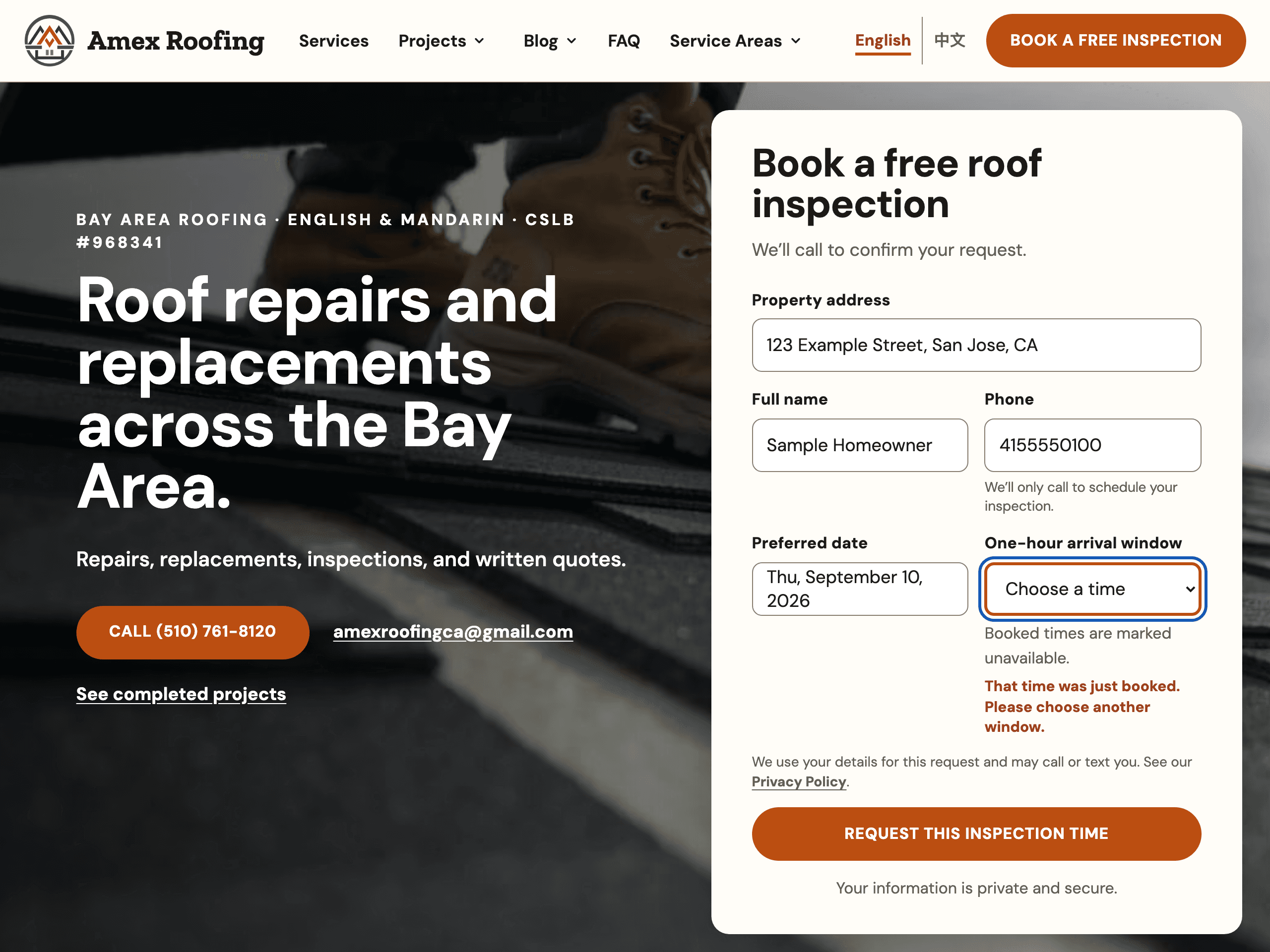 Amex Roofing booking form preserves sample contact information and asks the user to choose another arrival window after a simulated conflict.