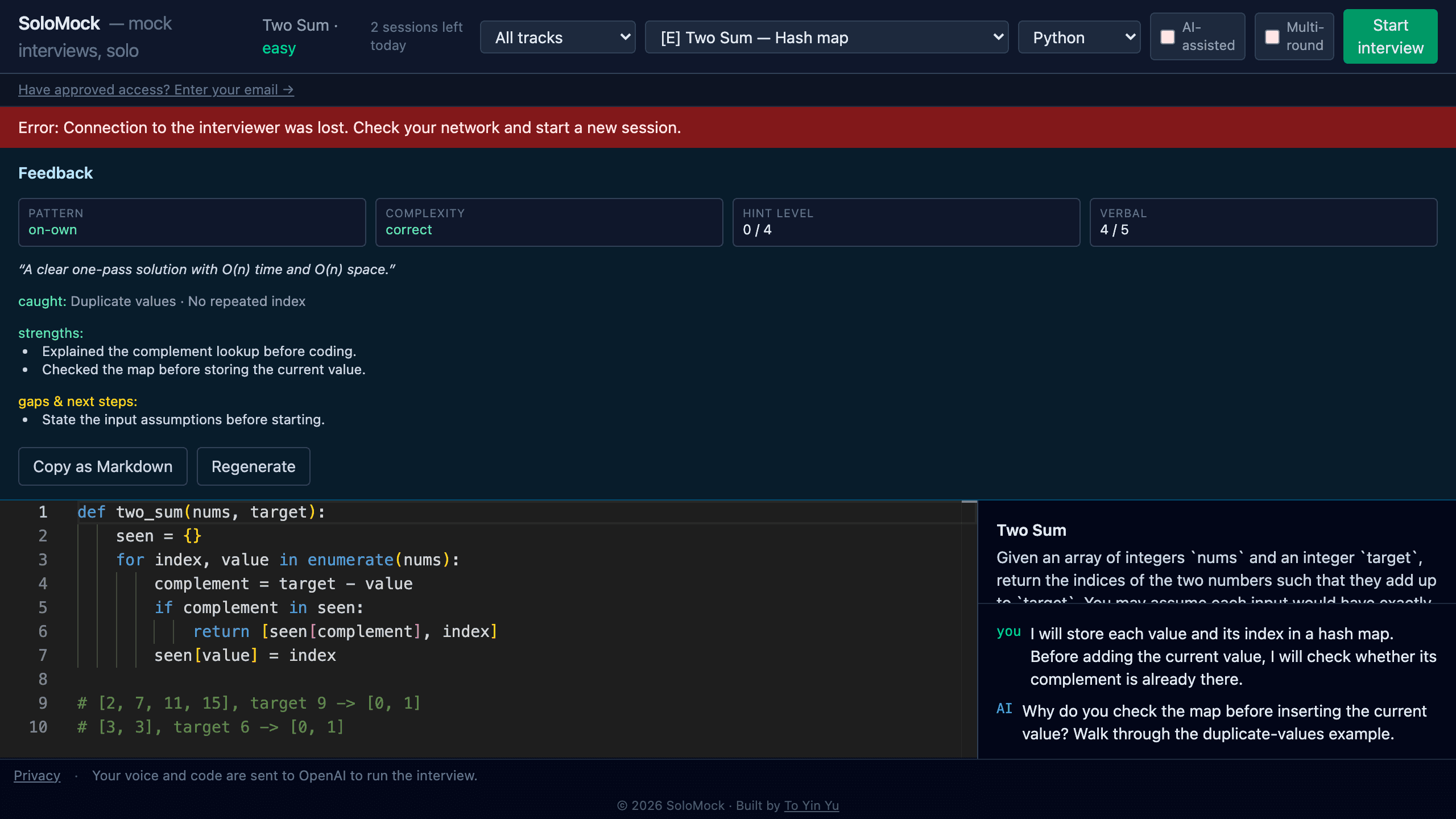 SoloMock shows a lost-connection message, retained code and transcript, and a feedback card populated from a test fixture.