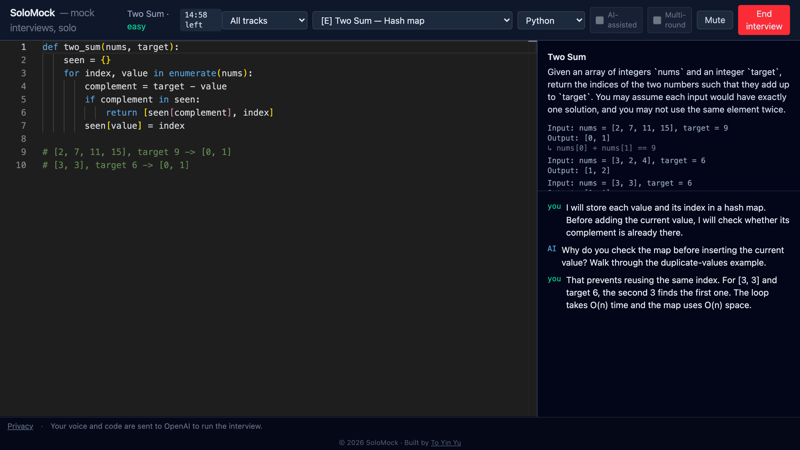 SoloMock displays a completed Python Two Sum solution beside a sample spoken explanation and interviewer follow-up.