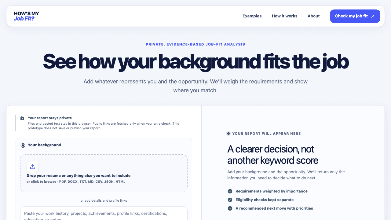 How's My Job Fit? workbench with a resume drop zone and report panel