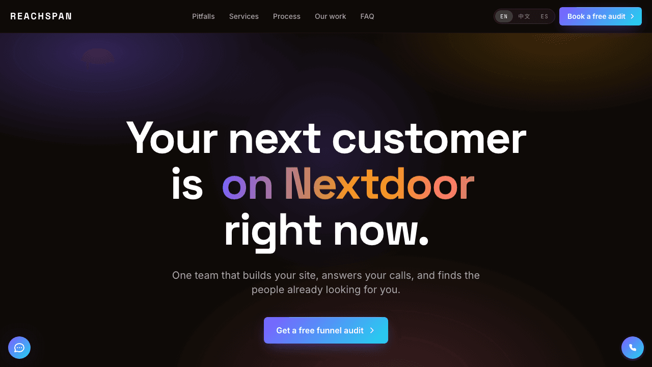 ReachSpan landing page headline listing where a local business's next customer is