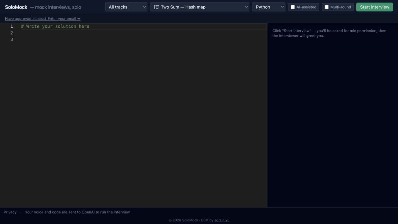 SoloMock voice coding interview workspace